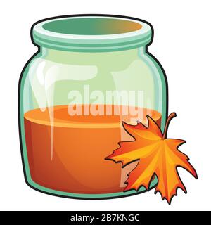 Vaso in vetro trasparente con liquido arancione e foglia di acero isolato su fondo bianco. Illustrazione ravvicinata dei cartoni animati vettoriali. Illustrazione Vettoriale