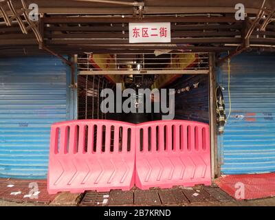 Vista del chiuso mercato all'ingrosso del pesce di Wuhan Huanan ad Hankou, nella città di Wuhan, nella provincia di Hubei della Cina centrale, 1° gennaio 2020. Foto Stock