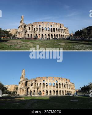 Roma. 16 Marzo 2020. La foto combinata mostra il Colosseo il 6 marzo 2019 (in alto) e il 16 marzo 2020 a Roma. L'Italia il 31 gennaio ha dichiarato uno stato di emergenza di sei mesi a causa della pandemia di coronavirus. E un blocco a livello nazionale è stato messo da marzo 10 fino ad aprile 3 per arginare la diffusione del virus. Credit: Cheng Tingting/Xinhua/Alamy Live News Foto Stock