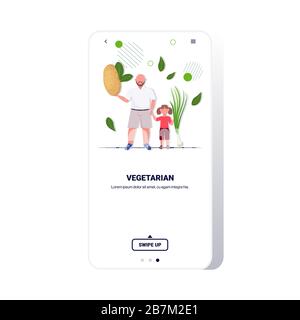 padre con la figlia in possesso di patate cipolle verdure sano stile di vita vegan fresco crudo alimentare vegetariano concetto smartphone schermo mobile app copy space full length vettoriale illustrazione Illustrazione Vettoriale