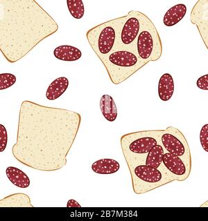 Pane, salsiccia e panini. Illustrazione vettoriale. Sfondo del motivo senza giunture. Illustrazione Vettoriale