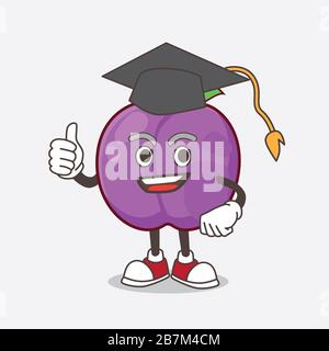 Un'immagine del personaggio della mascotte cartoon di frutta di susina in un cappello nero Graduation Foto Stock