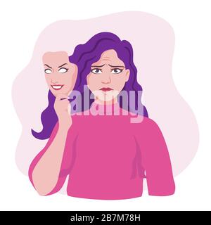 Donna infelice che indossa maschera sorridente illustrazione grafica vettoriale Illustrazione Vettoriale