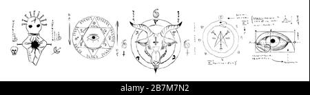 Set disegnato a mano con vari simboli esoterici, illustrazione piatta vettoriale Illustrazione Vettoriale