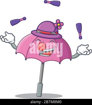 Un ombrello rosa dolce mascotte stile cartone animato giocare Juggling Illustrazione Vettoriale