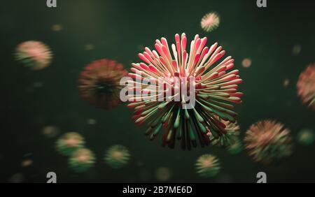 Vista microscopica del coronavirus cinese COVID-19 al microscopio. Rendering 3D Foto Stock