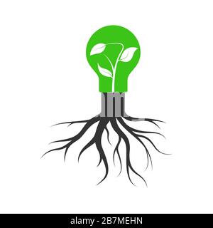Semplice icona vettoriale di temi ambientali. Una lampadina con un germoglio di foglia cresce da un moncone di albero. Illustrazione di magazzino, disegno semplice per un marchio, fotoricettore Illustrazione Vettoriale