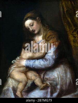 Vergine che succhia il Bambino Cristo, Tiziano, circa 1565-75, Foto Stock