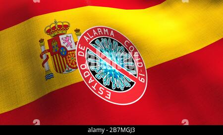 Spagna che batte bandiera con il logo "Estado de alarma" state of National Emergency for Coronavirus. Tessuto estremamente dettagliato. Crisi epidemica COVID-19 q Foto Stock