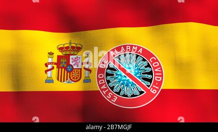 Spagna che batte bandiera con il logo "Estado de alarma" state of National Emergency for Coronavirus. Tessuto estremamente dettagliato. Crisi epidemica COVID-19 q Foto Stock