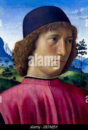 Ritratto di giovane uomo in rosso, Domenico Ghirlandaio, circa 1480-1490, Foto Stock