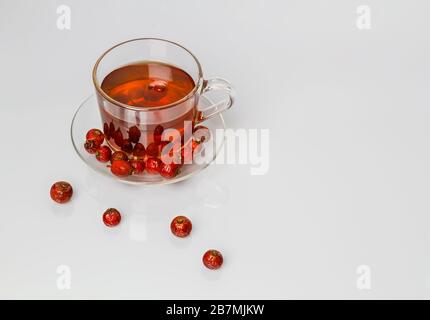 Prevenzione delle malattie influenzali. Una tazza di infuso caldo di bacche di roseanca essiccate su sfondo bianco. Foto Stock