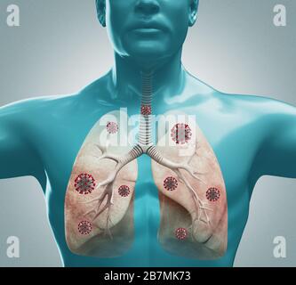 Vista microscopica del coronavirus. Sistema respiratorio. Cellule del virus dell'influenza fluttuanti. Concetto di rischio pandemico. rendering 3d Foto Stock