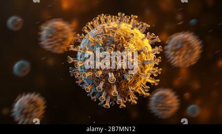 Vista microscopica del coronavirus cinese COVID-19 al microscopio. Rendering 3D Foto Stock