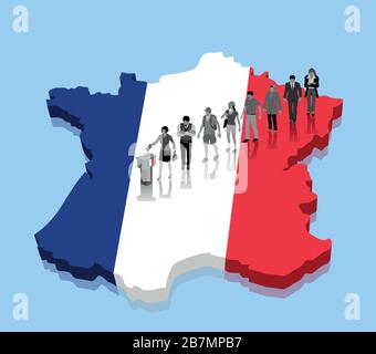 I cittadini francesi votano per le elezioni su una mappa della Francia. Tutti gli oggetti, le ombre e lo sfondo sono in livelli diversi. Illustrazione Vettoriale