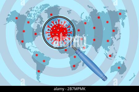 Corona virus e lente di ingrandimento icona sulla mappa del mondo. Tutti gli oggetti, le ombre e lo sfondo sono in livelli diversi. Illustrazione Vettoriale