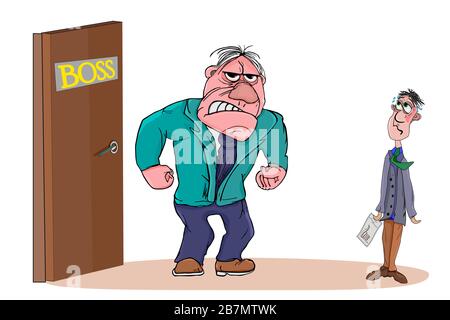 Capo arrabbiato con dipendente isolato su sfondo bianco. Il personaggio dell'uomo boss urla e la colpa sul lavoratore. Conflitti sul lavoro. Illustrazione vettoriale dei cartoni animati Illustrazione Vettoriale