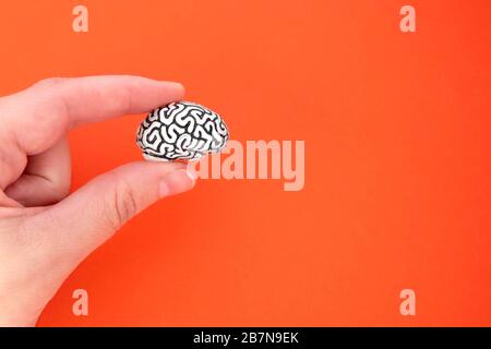 Mano femminile che tiene un piccolo modello di cervello umano fatto di acciaio che mostra pieghe del cervello contro uno sfondo arancione. Foto Stock