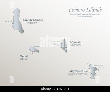 Mappa e nomi delle isole Comoro città, carta bianca blu carta vettore 3D Illustrazione Vettoriale