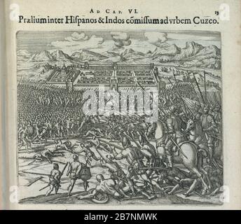 Battaglia tra gli spagnoli e gli indiani alle porte di Cuzco. Da: Americae pars sexta, sive Historiae ab Hieronymo benzo, 1596. Collezione privata. Foto Stock