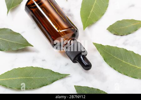 Olio essenziale alloro Bay su tavola di marmo. Olio a bada su flacone di vetro con contagocce. Laurus nobilis Foto Stock