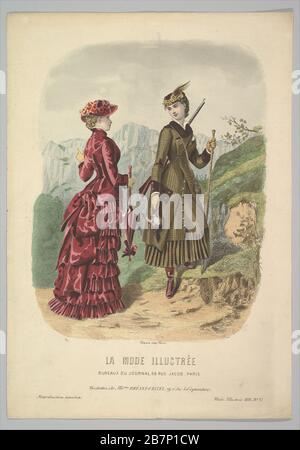 A Lady in a Hunting Costume with a Lady in Walking Costume on a Mountain Path from la Mode Illustr& No xe9;e, 1881. Foto Stock