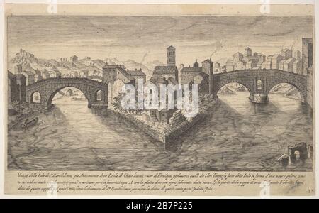 Piastra 37: Vista della chiesa di San Bartolomeo all'Isola sull'Isola del Tevere, Roma, fiancheggiata da ponti, dalla serie 'rovine dell'antichità di Roma, Tivoli, Pozzuoli e altri luoghi' (Vestigi della antichit& xe0; di Roma, Tivoli, Pozzvolo et altri luochi), 1606. Foto Stock