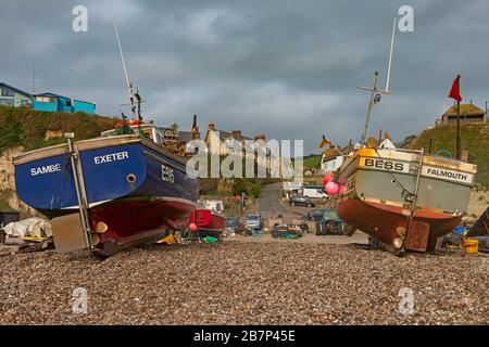 Barche da pesca sulla spiaggia a Beer, Devon, Inghilterra. Regno Unito Foto Stock