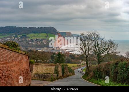 Lungomare, spiaggia e costa di Sidmouth, una piccola popolare cittadina costiera sud nel Devon, Inghilterra sud-occidentale Foto Stock