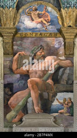 Particolare raffigurante Polifemo nell'affresco della 'Camera di Cupido e Psiche' di Giulio Romano (XVI secolo) all'interno di Palazzo te, Mantova, Italia. Foto Stock