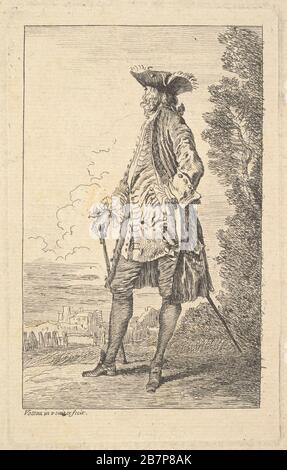 Uomo che cammina e porta una canna nella sua mano destra, mostrato in tre quarti di vista con la sua testa girato via dallo spettatore, dalla serie 'Figure della moda' (Figure de modi), ca. 1710. Foto Stock