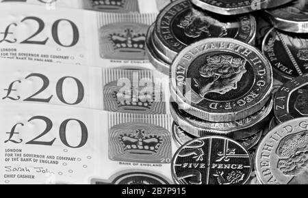 Monete britanniche sulle nuove banconote da 2020 £20 polimeri Foto Stock