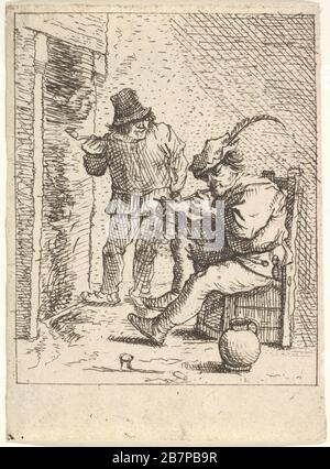 Due contadini maschi che trattengono i tubi davanti al caminetto, uno seduto con il tubo tenuto in bocca, l'altro a sinistra con il tubo nella mano destra, dopo una serie di quattro stampe di contadini di David Teniers il giovane, dopo il 1625-90. Foto Stock