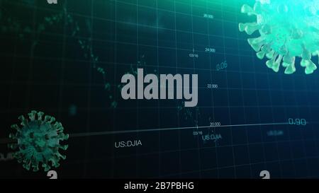 Grafico del mercato azionario crisi globale colpo di stato dal virus corona SARS-cov-2, fonte della malattia pandemica COVID-19. Indice del mercato americano nel marzo 2020. Foto Stock