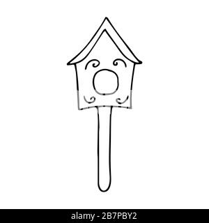 Casa per uccelli in legno carino. Illustrazione in bianco e nero su sfondo bianco in stile doodle. Mangiando trogolo per gli uccelli che arrivano dai bordi caldi nello sp Illustrazione Vettoriale
