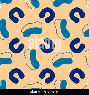 Modello senza cuciture con maschera per gli occhi e cuscino gonfiabile per dormire durante i viaggi su uno sfondo beige. Adatto come carta da imballaggio, stampa in tessuto Illustrazione Vettoriale