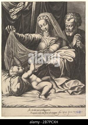 Madonna di Loreto, la Vergine solleva un velo sopra il Bambino, che giace su un letto e un cuscino, Giuseppe si alza dietro con entrambe le mani sul suo staff, 1575. Dopo Raphael. Foto Stock