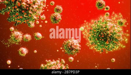 Cluster di micidiali molecole di batteri del virus della Corona influenza COVID-19 con rappresentazione 3D di particelle verdi sfondo rosso Foto Stock