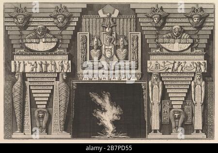 Pezzo di Chimneypiece in stile egiziano: Due mummie in profilo a sinistra e due figure che si avvicinano obelischi a destra (CH. Xe0; l'& xe8;gyptienne), da Maniere d'adornare i cammini ed ogni altra parte degli edifizi...(modi diversi di ornare i chimneypieces e tutte le altre parti delle case), ca. 1769. Foto Stock