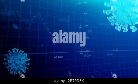 Grafico del mercato azionario crisi globale colpo di stato dal virus corona SARS-cov-2, fonte della malattia pandemica COVID-19. Indice del mercato americano nel marzo 2020. Foto Stock