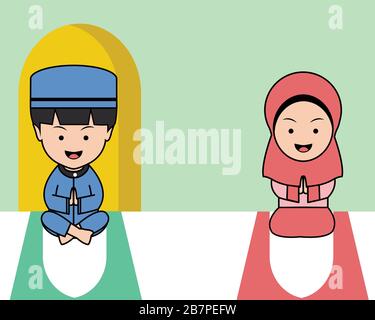 Ragazzo e ragazza Cartoon Style Muslim Edition Illustrazione Vettoriale