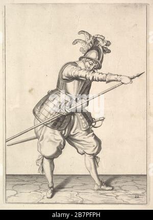 Un soldato che scivola la mano destra lungo il luccio di allenamento, della serie Lansquenets, Plate 22, a Wapenhandelinghe van Roers Musquetten Ende Spiessen (l'esercizio delle armi). Foto Stock