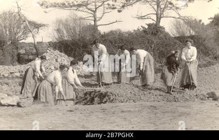 WW1 era cartolina di gruppo di donne terra ragazze, facendo lavoro di guerra - costruire una pista agricola, circa 1916, Regno Unito Foto Stock