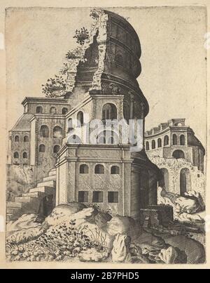 Paesaggio verticale con le rovine del Tempio di Venere e Roma, dalla serie 'Ruinarum variarum fabricarum delineationes pictoribus caeterisque id genere artificibus multum utiles', 1554. Foto Stock