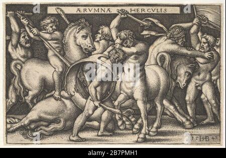 Ercole con il suo club al centro che combatte un centauro, altri uomini che combattono centauri a sinistra e a destra, da 'le fatiche di Ercole', 1542. Foto Stock