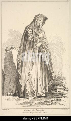 Femme de Boulogne, da Recueil de diverses fig.res & n. xe9;trangeres invent& n. xe9;es par F. Boucher P.tre du Roy et Grav& n. xe9;es par F. Ravenet (Collezione di varie figure straniere, ideata da F. Boucher, Pittore del Re ed incisa da F. Ravenet), piatto 9, XVIII secolo. Foto Stock