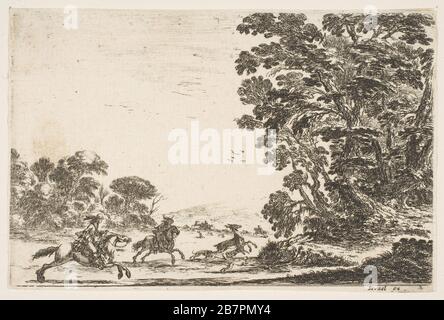 Piatto 4: Una caccia ai cervi, due cavalieri che galleggano verso sinistra dietro tre cani e un cervo, un gruppo di alberi a destra, da 'Various Figures' (AGR&[xe9;diversable&[xe9; de figures), 1642. Foto Stock