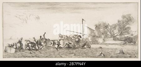 Battaglia navale, una barca a remi piena di persone che lottano con i musket a sinistra, persone che annegano nel mare al centro e in primo piano a destra, una nave sul suo fianco e che brucia sullo sfondo, da 'Pace e Guerra' (Divers desseins tant pour la paix que pour la guerre), ca. 1641. Foto Stock