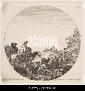 Piatto 5: Una donna che porta un bambino su un cavallo a sinistra, un cammello che la segue, un gregge di capre, pecore e un pastore davanti a lei a destra, da 'paesaggi e rovine romane' (Paysages et ruines de Rome), ca. 1646. Foto Stock