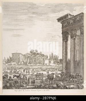 Le colonne del Tempio di Antonino a destra, una parte del campo Vaccino al centro e a sinistra, insieme a vari animali e figure, le rovine Palatino sullo sfondo, da 'sei grandi vedute, quattro di Roma, E due della campagna romana' (Six grandes vues, dont quatre de Rome et deux de la Campagne romaine), 1656. Foto Stock